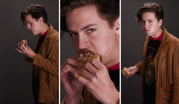Актер Коул Спроус кушает бургер в рекламе Netflix